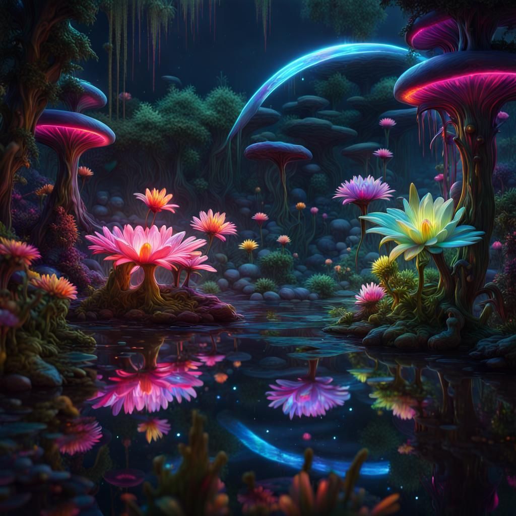 Hyperrealistic Symbiotic Garden in Dreamlike Oil Painting