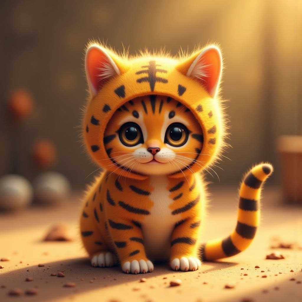 Fluffy Kitten in Tiger Costume, Golden Hour Light