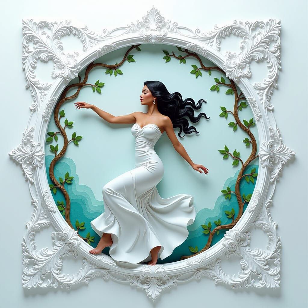 Elegant Landscape with Fractal Patterns and Latina Woman