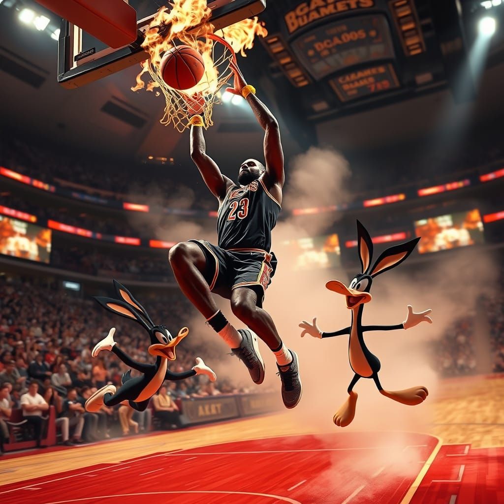 LeBron James Slam Dunk with Flaming Basketball