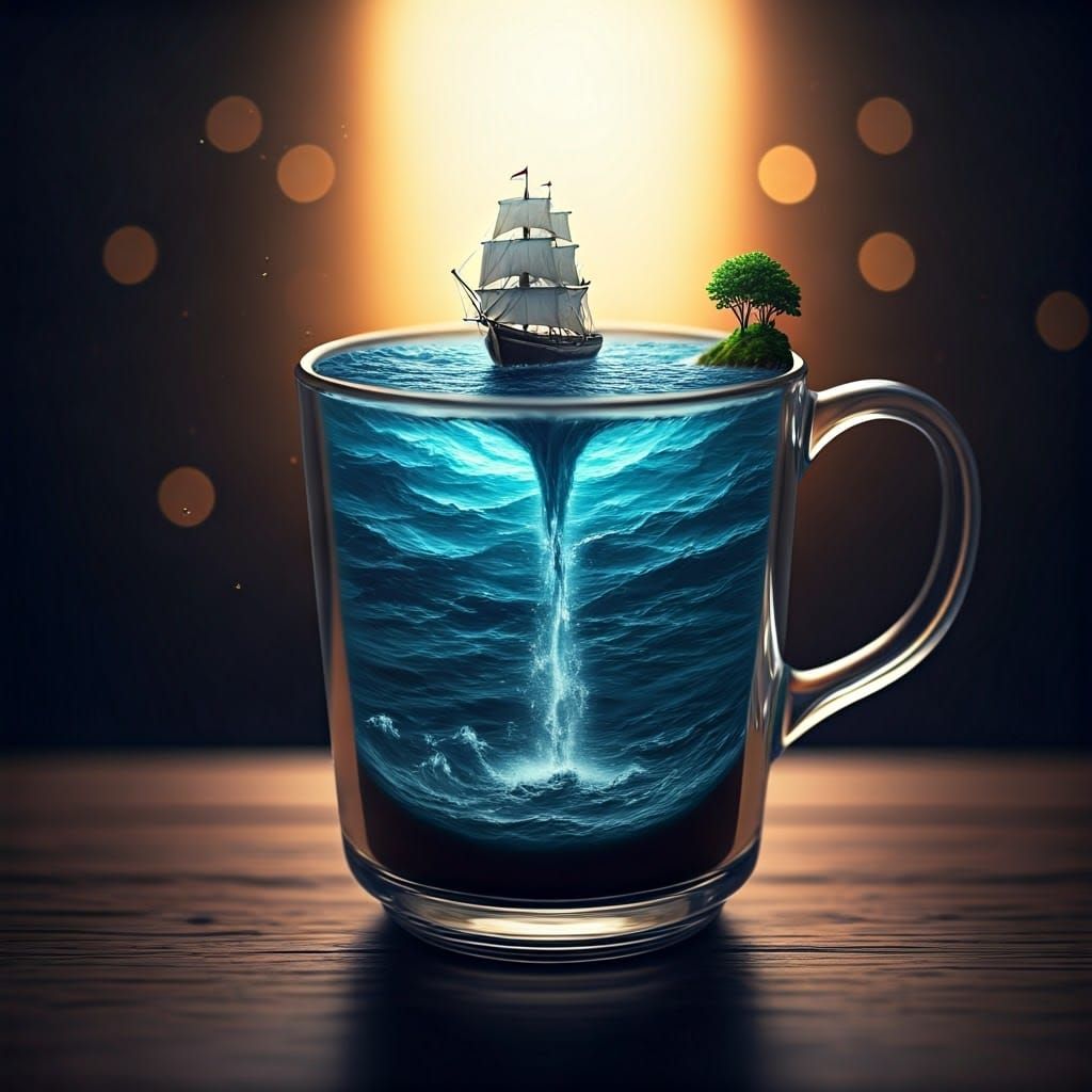 Isometric Sea in a Mug with Ship and Waterfall