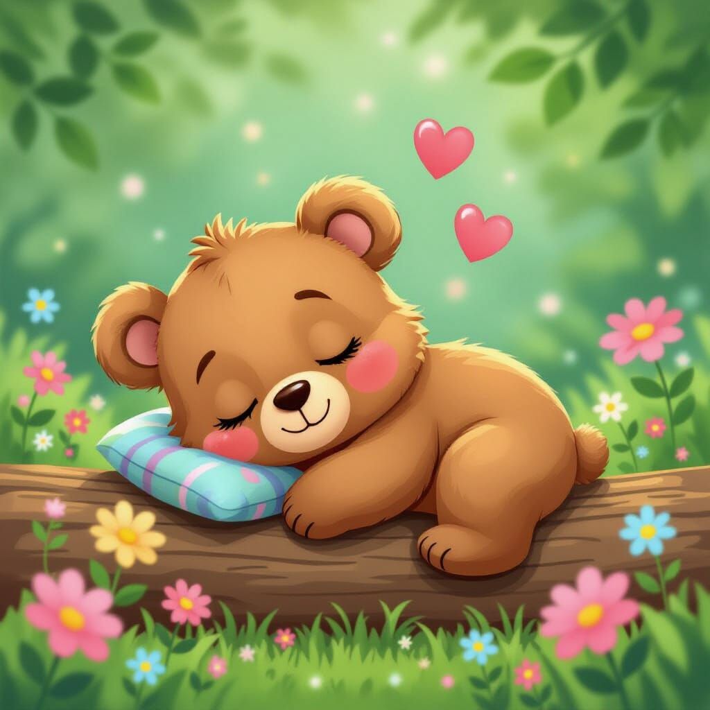 Cute Cartoon Baby Bear Sleeping on Log with Flowers