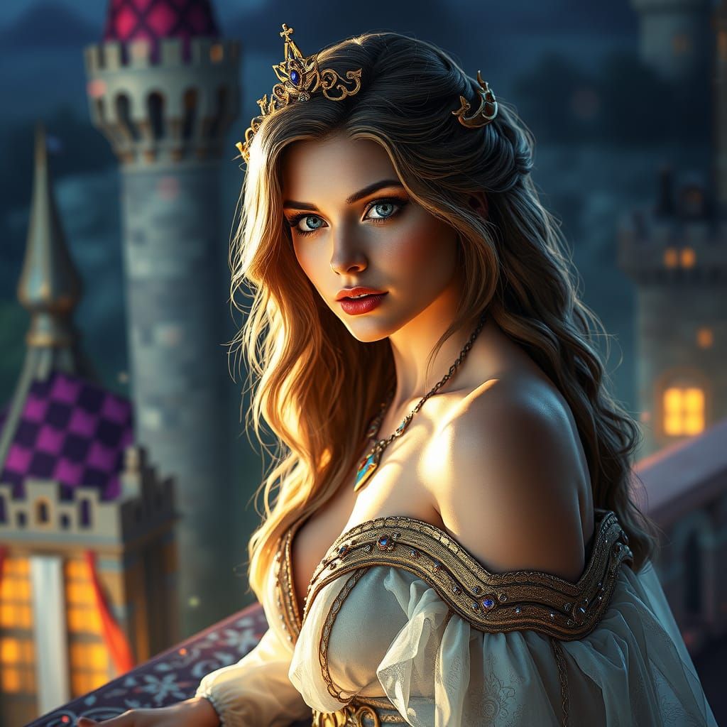 Regal Princess Shines in Castle Balcony Portrait