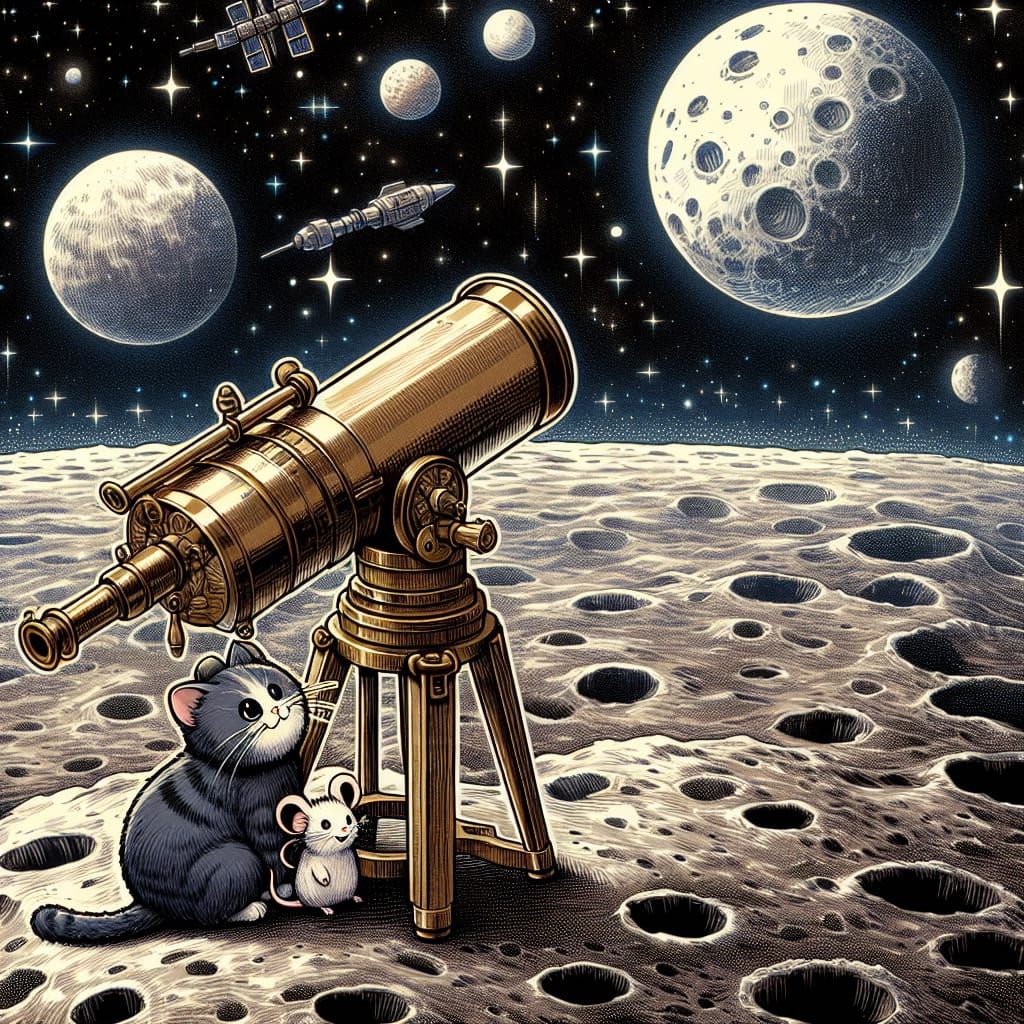 Chibi Cat and Mouse Observe Space From Moon