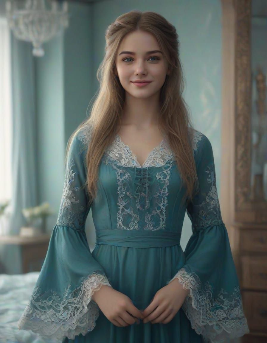 Norse Goddess Teenage Girl Smiles in Bedroom Fantasy Scene