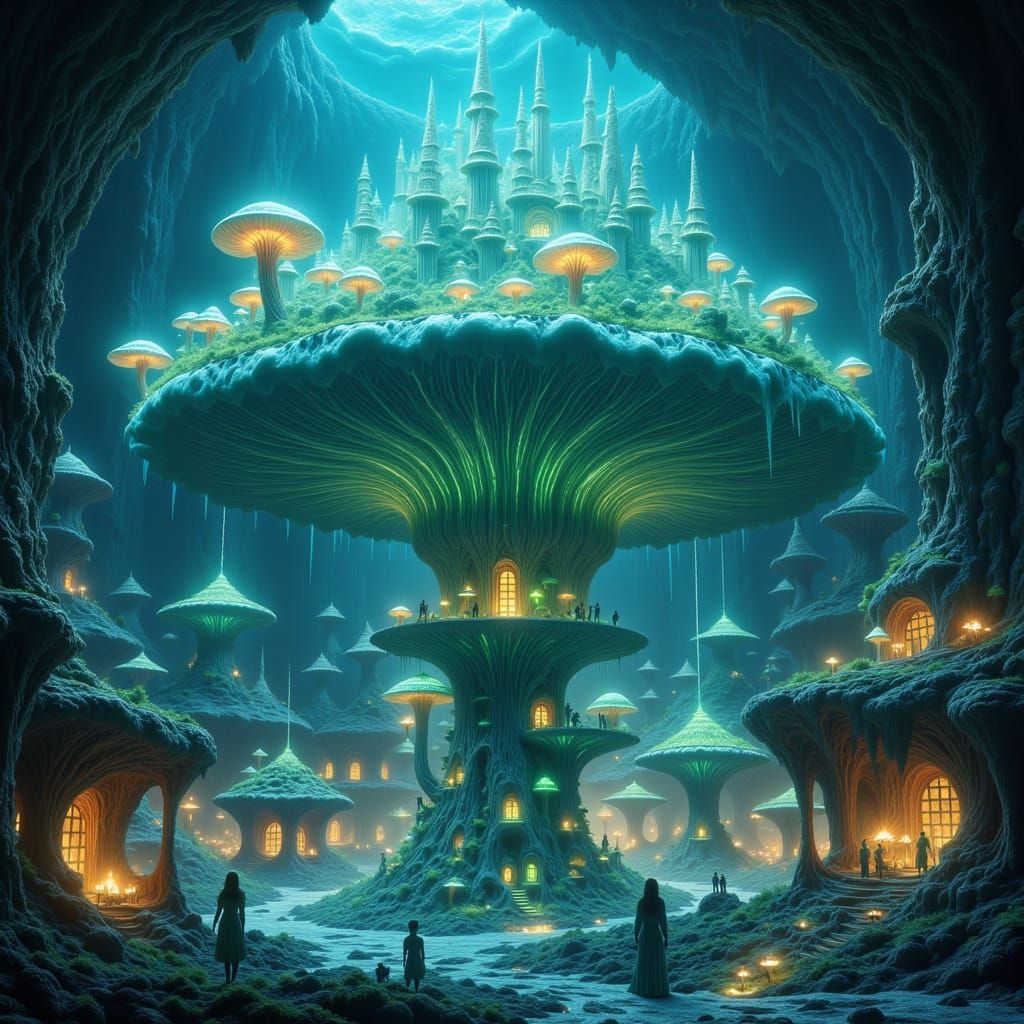 Epic digital painting, vivid fantasy art style, masterpiece quality. A breathtaking vista of a hidden city carved direct...