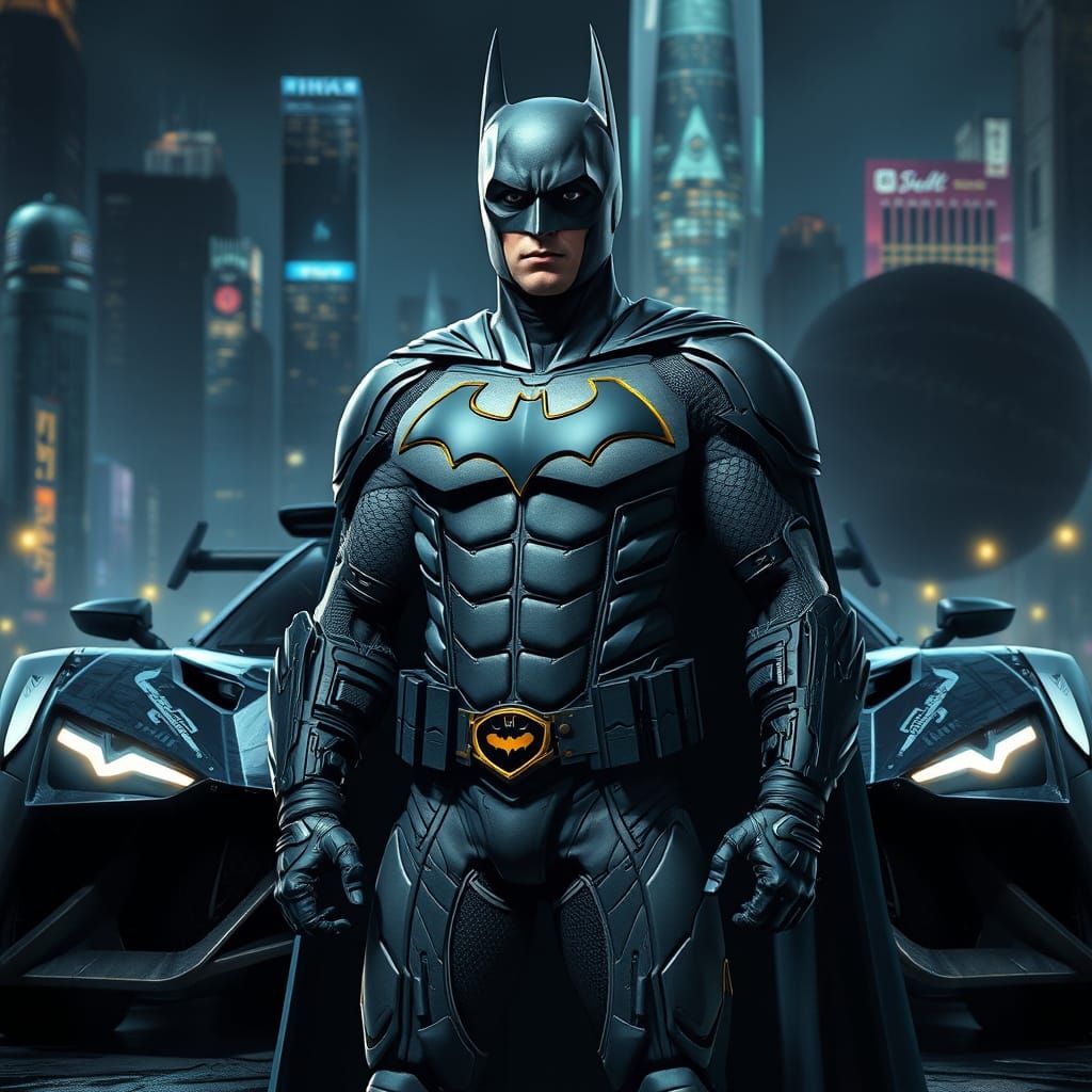Cyberpunk Batman in Gotham City, Digital Illustration