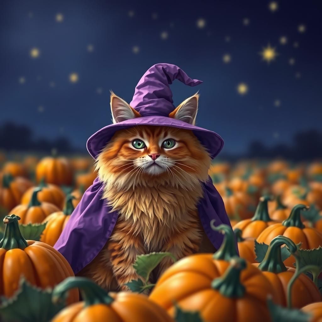Orange Cat in Witch Costume Under Starry Sky