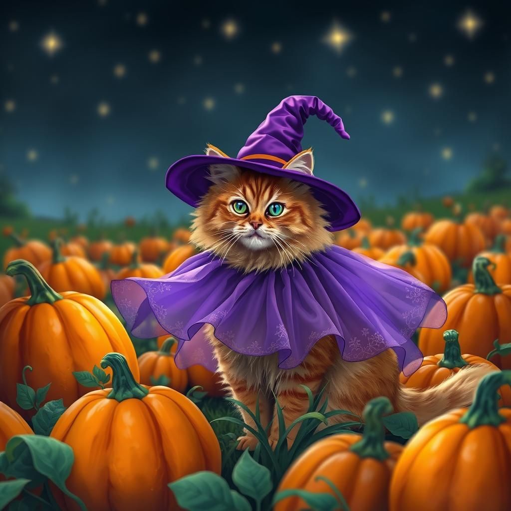 Orange Cat Witch in Pumpkin Field at Midnight