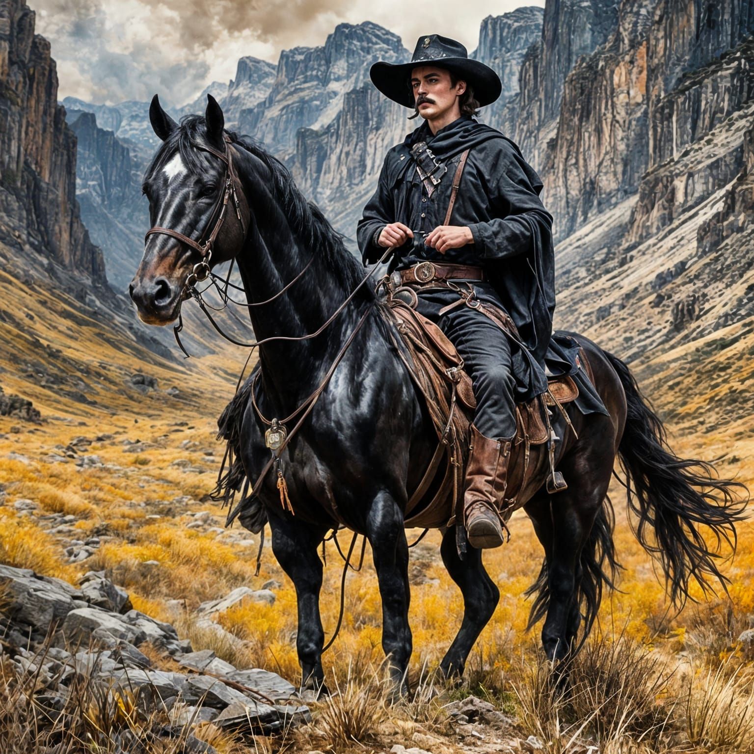 Slavic Cowboy in Black, Dramatic Western Scene