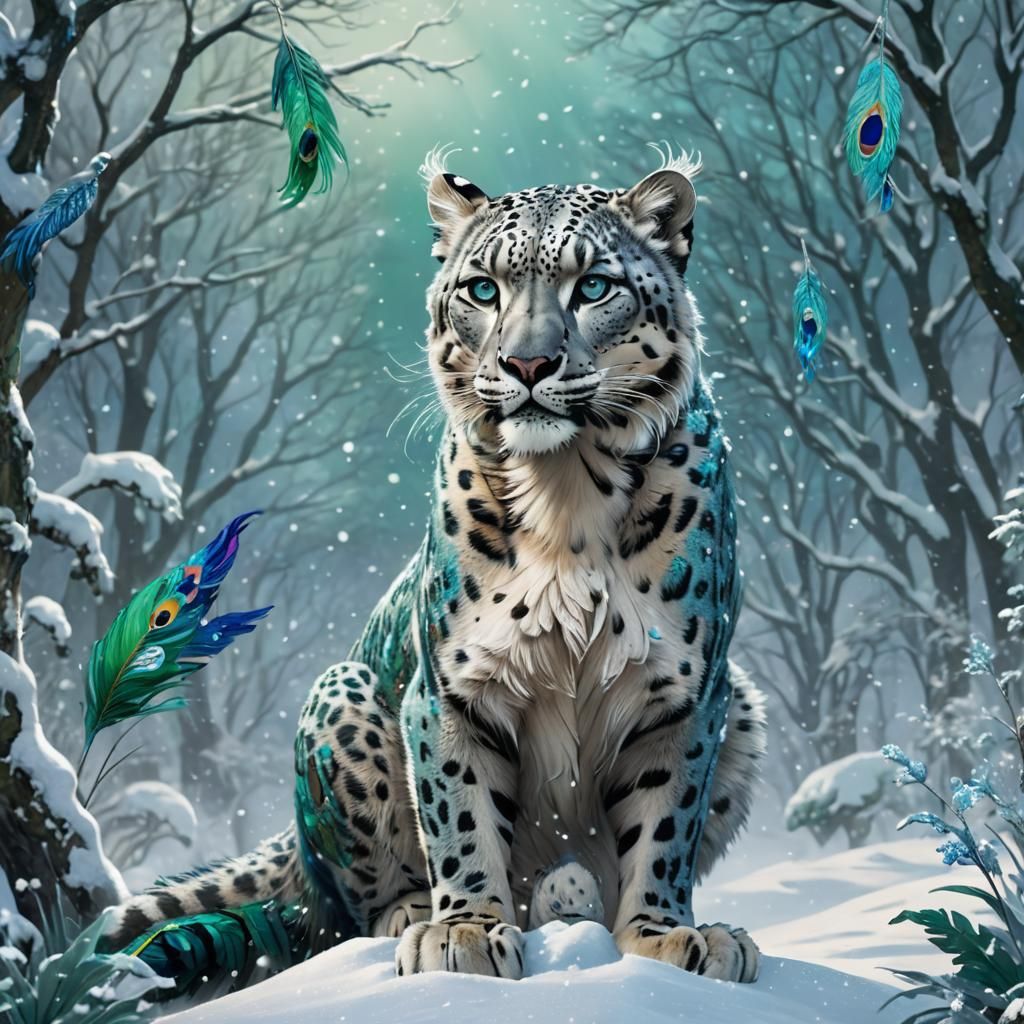 Snow Leopard and Peacock Hybrid in Winter Scene