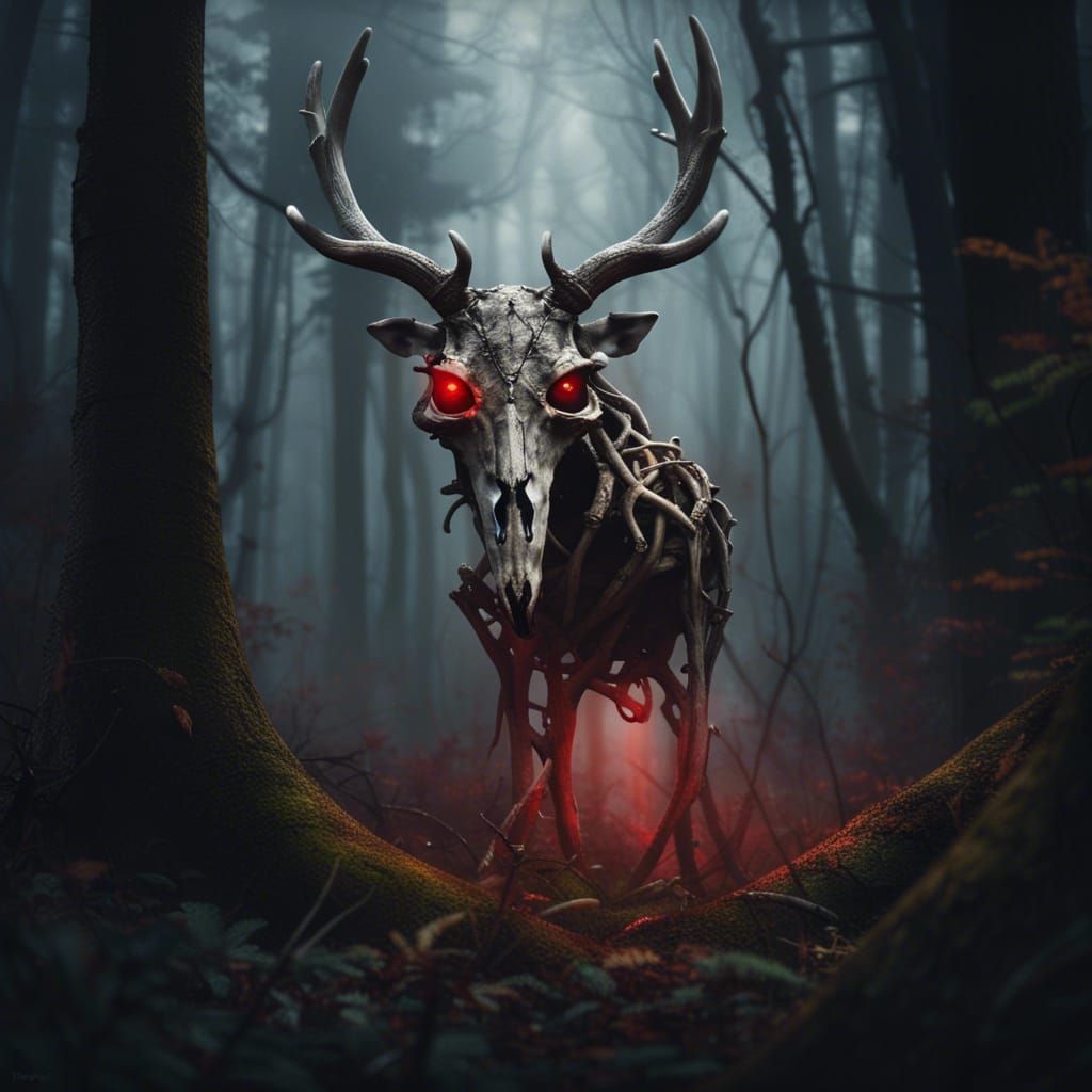 Camouflaged Monster with Deer Skull in Foggy Forest