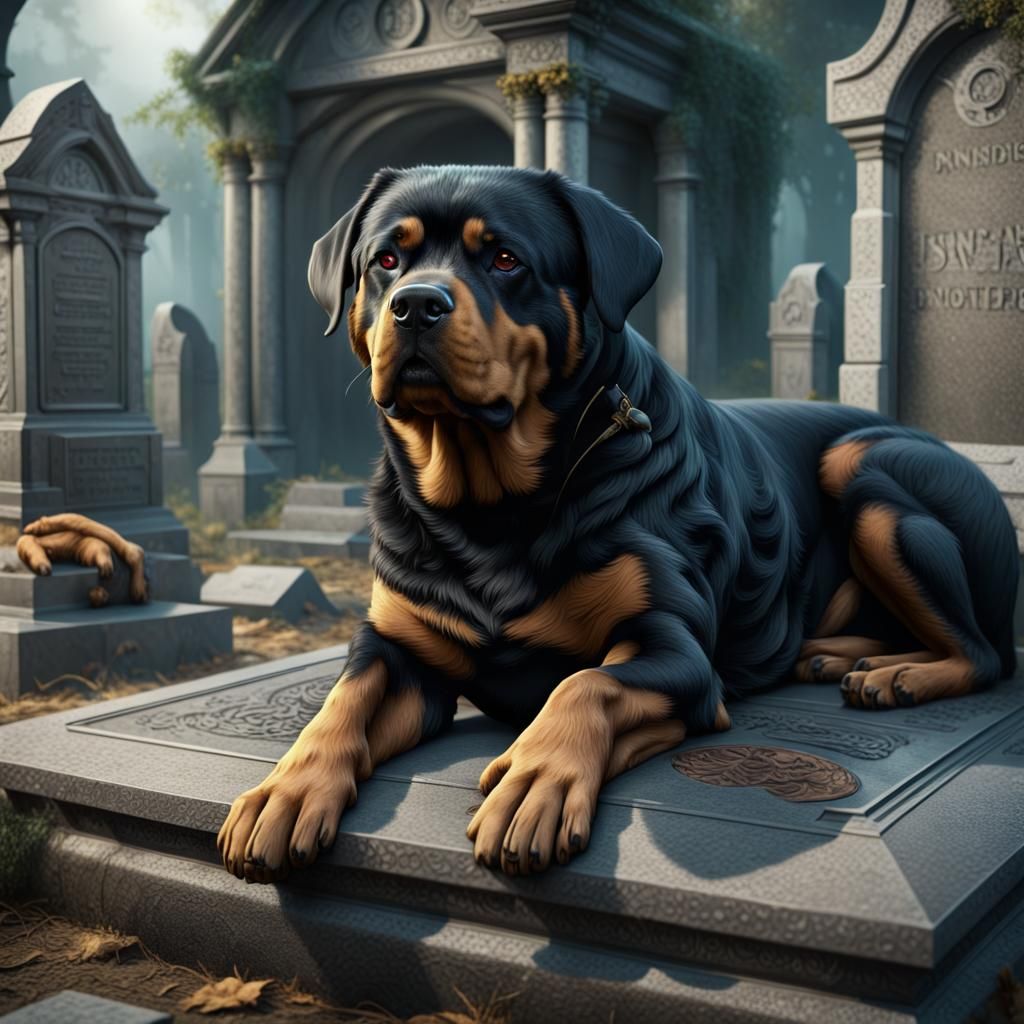 Sad Rottweiler on Tombstone: Fantasy Concept Art