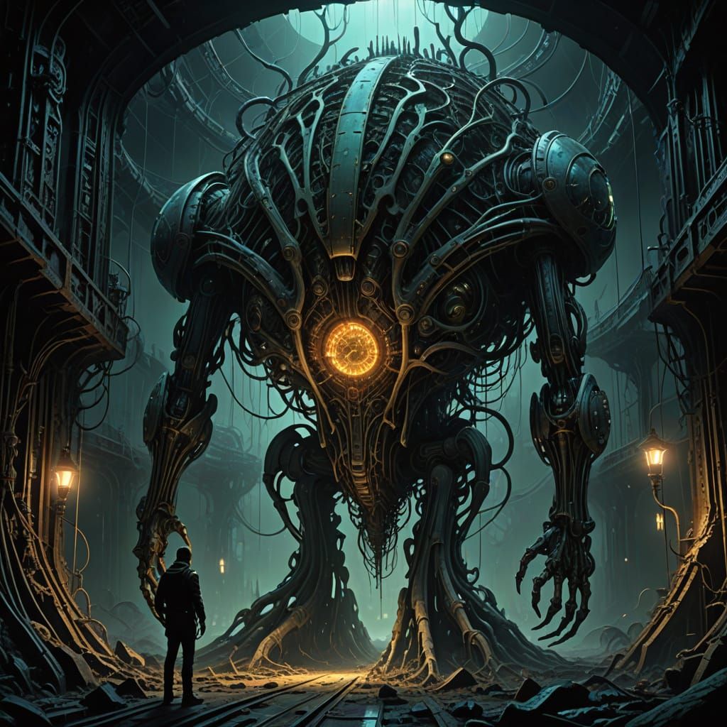 Biomechanical City Heart with Victorian Gears and Data-Light