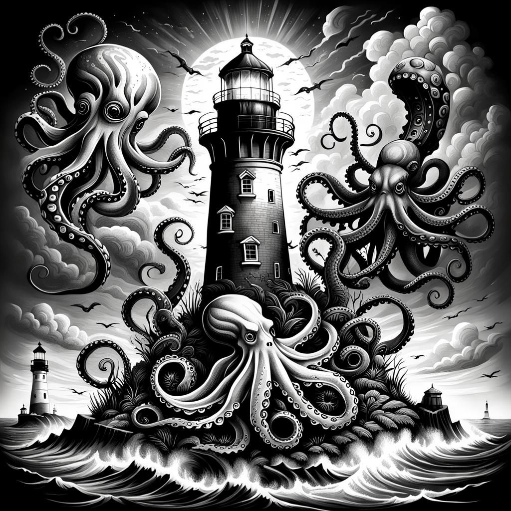 Lighthouse and Octopus Tattoo Design in Black and White