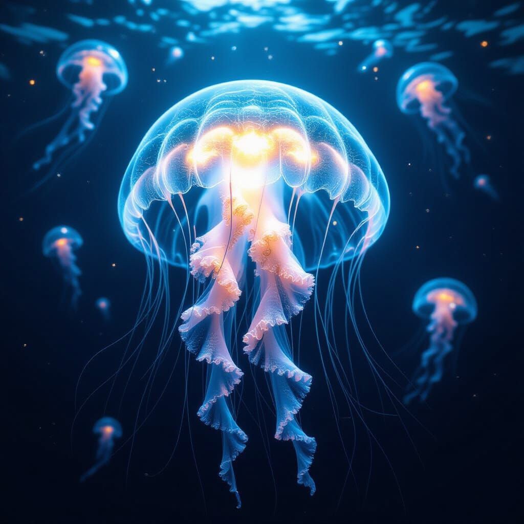 Bioluminescent Jellyfish in Deep Ocean, Realistic Rendering