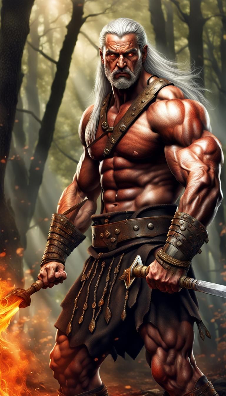 Fierce Silver-Haired Warrior in Forest, Photorealistic HDR