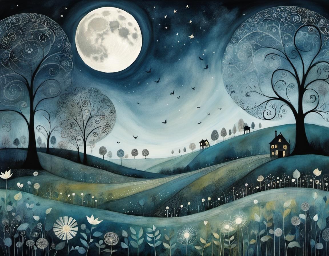 Magical Garden Under Full Moon: Whimsical Illustration