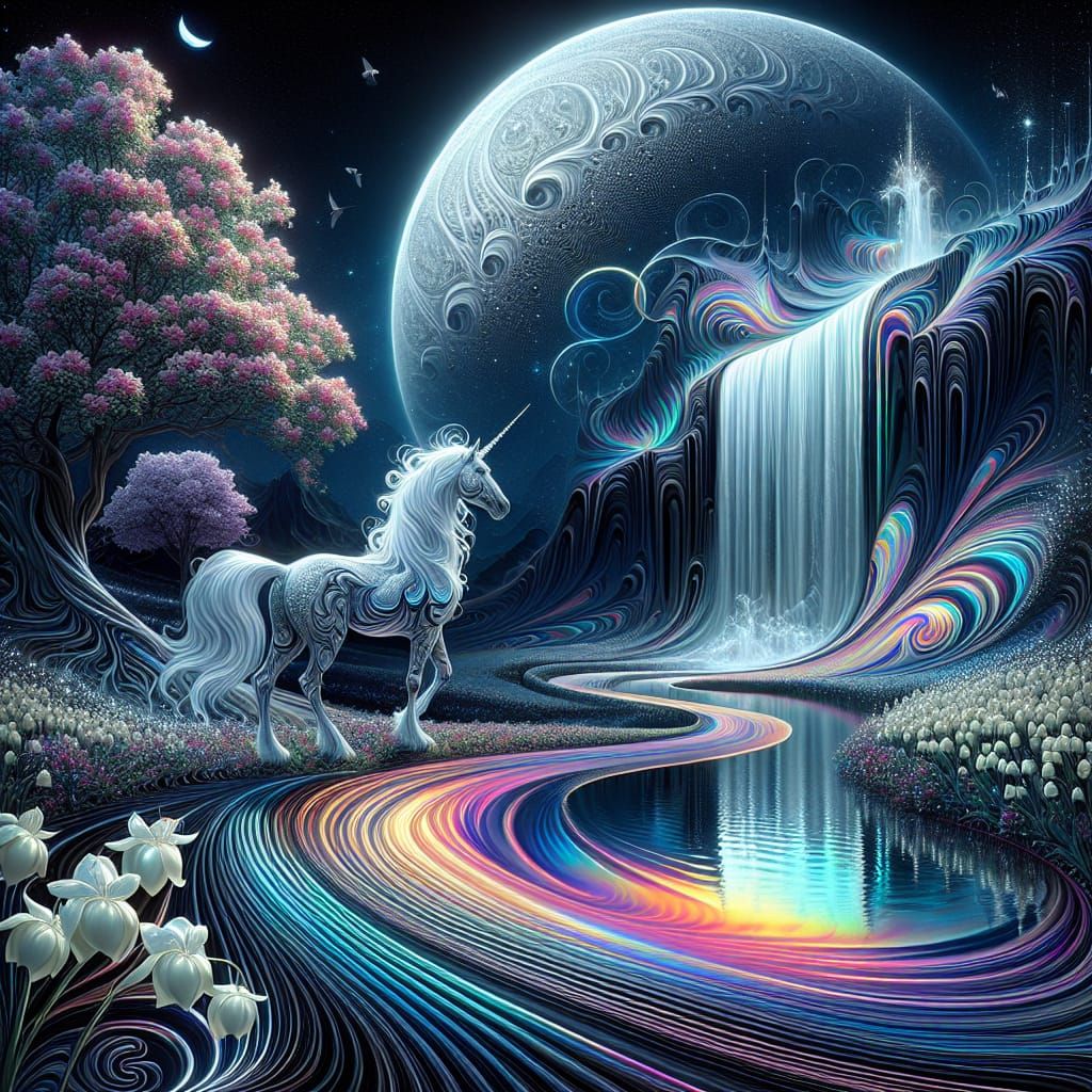 "Majestic moon rising over a spectacular bright iridescent waterfall, the Mythical grace of an elegant highly detailed U...