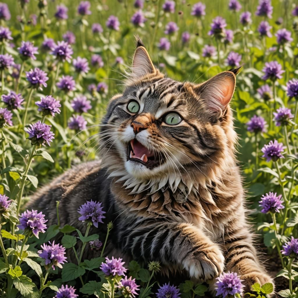 Happy Tabby Cat Rolling in Catnip Field
