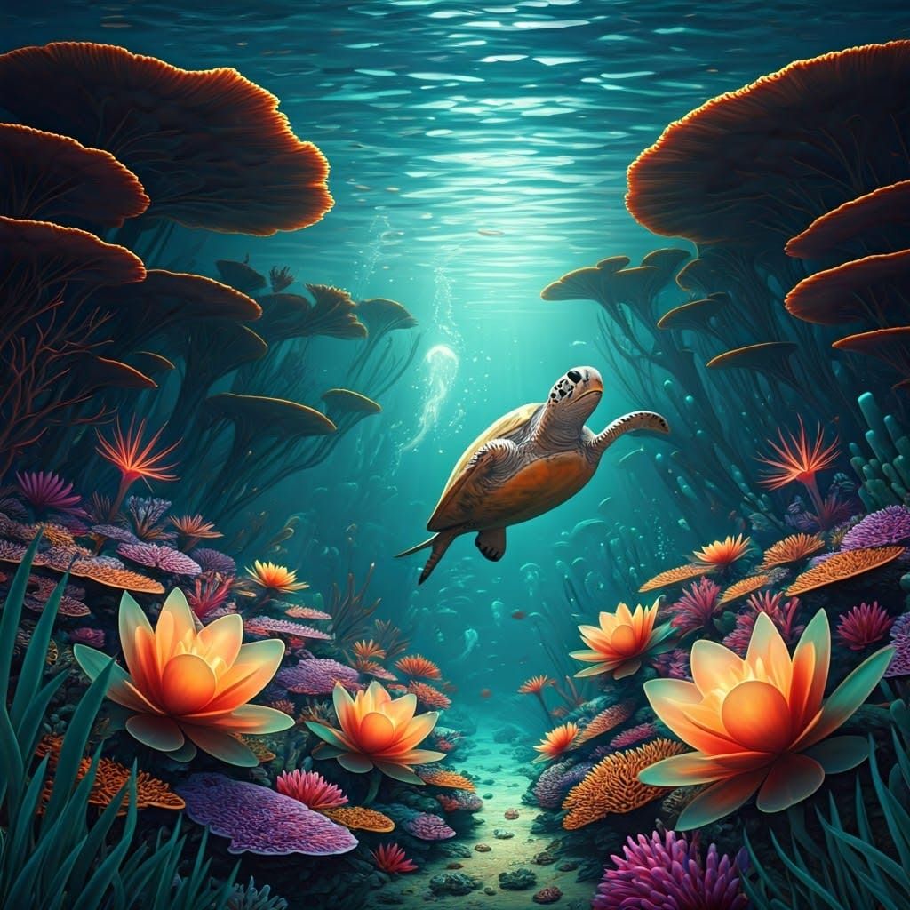 Bioluminescent Sea Turtle in Underwater Fantasy World