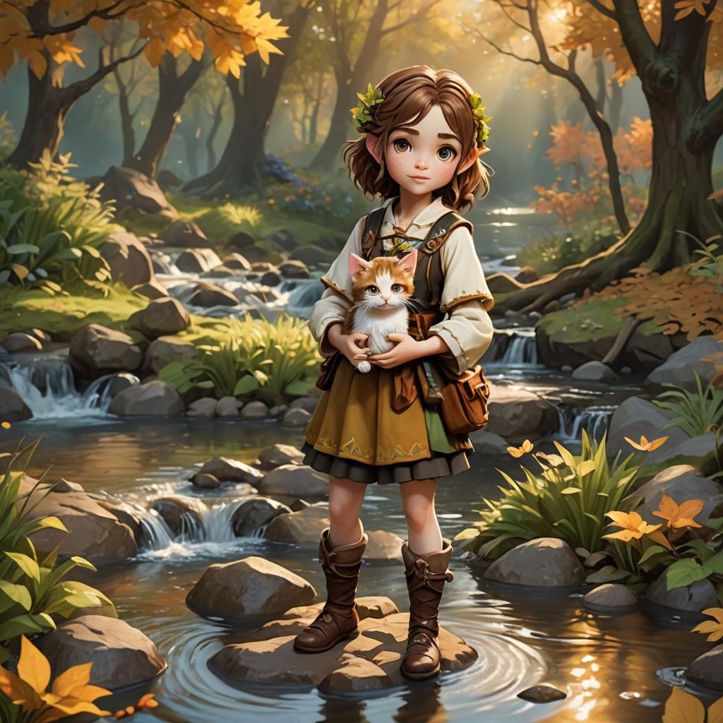 Halfling Druid with Kitten in Anime Style