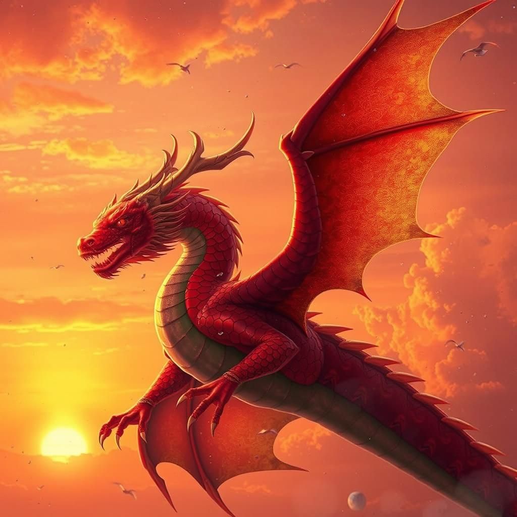 Crimson Dragon Soaring at Sunset, Photorealistic Art