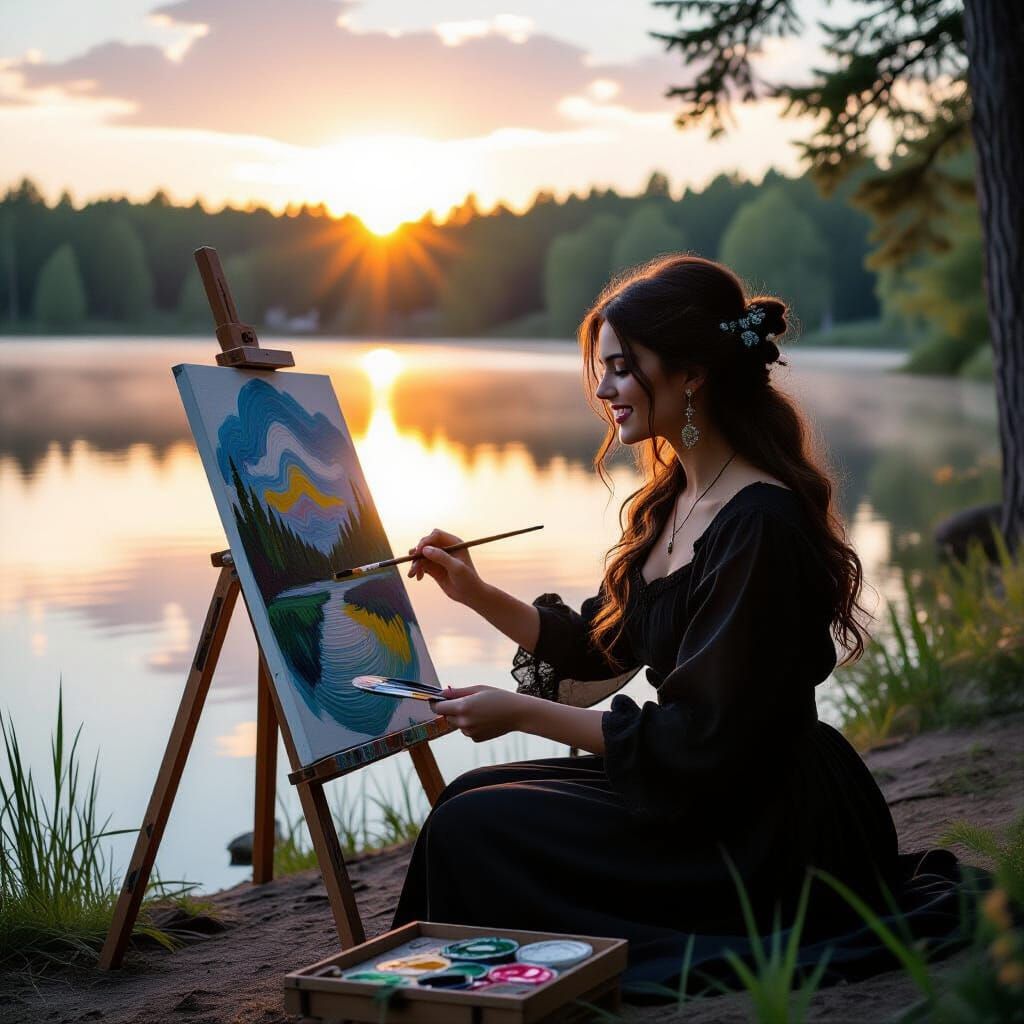Gothic Artist Paints by Lake in Early Morning Light