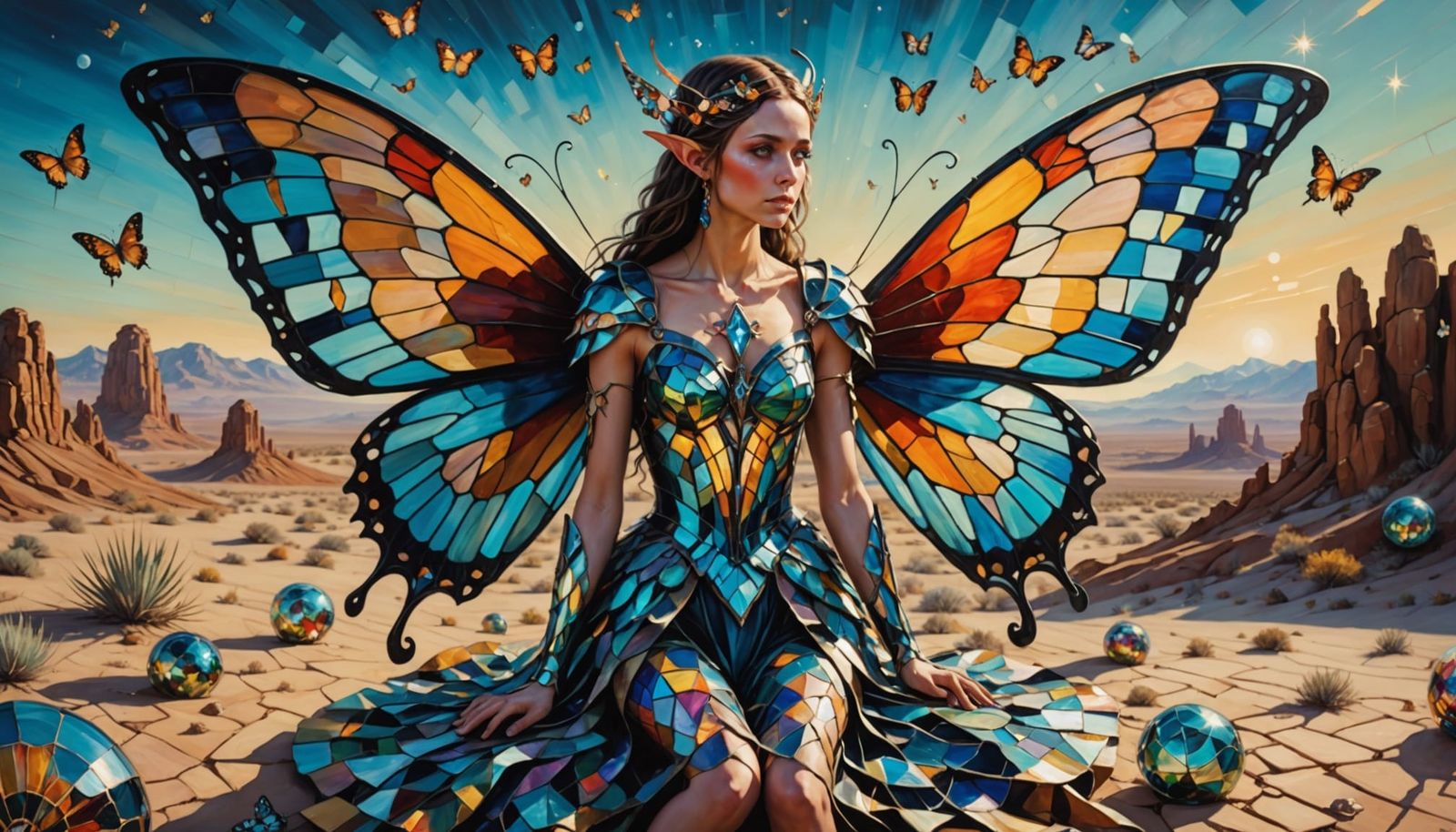 Elf Woman with Stained Glass Wings Over Desert Landscape