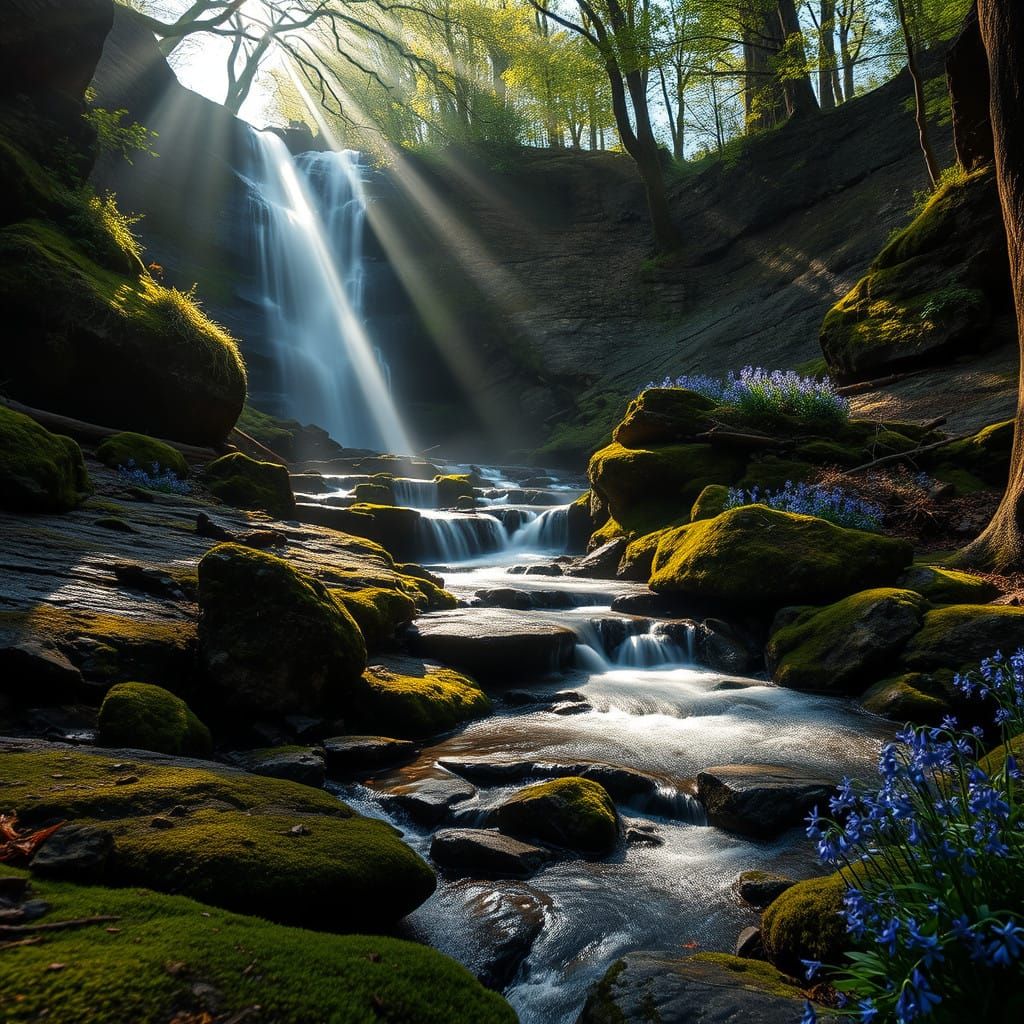 Hypnotic Bluebell Waterfall in Hyperrealistic Splendor