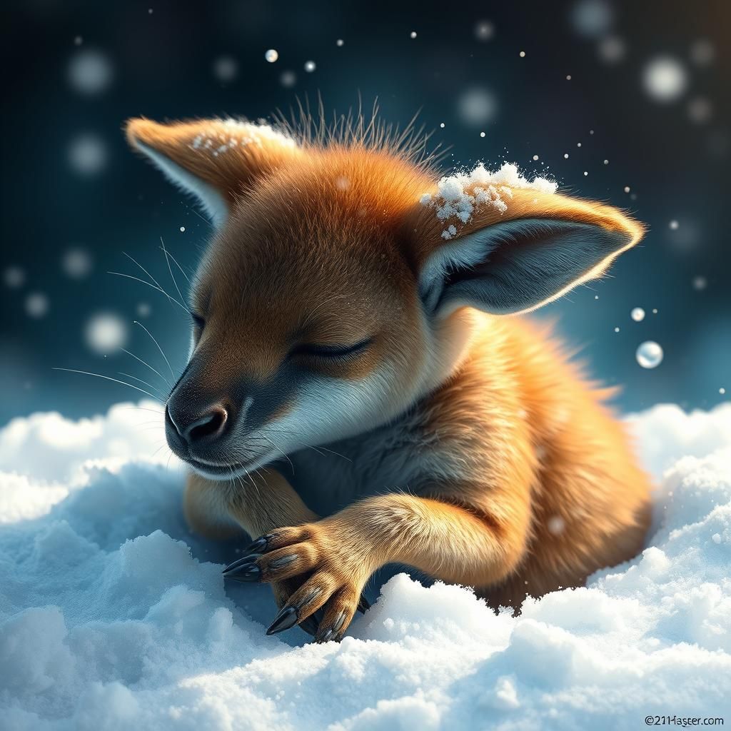 Baby Kangaroo Sleeping in Snow: Hyperrealistic Splash Art