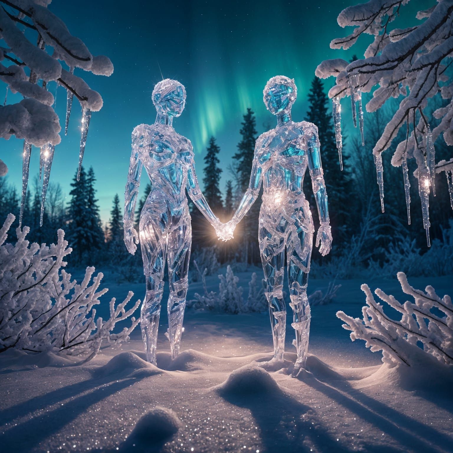 Crystalline Humanoids in Snowy Twilight