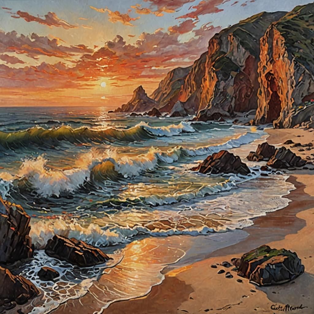Cove Beach Sunset in Renaissance Painting Style