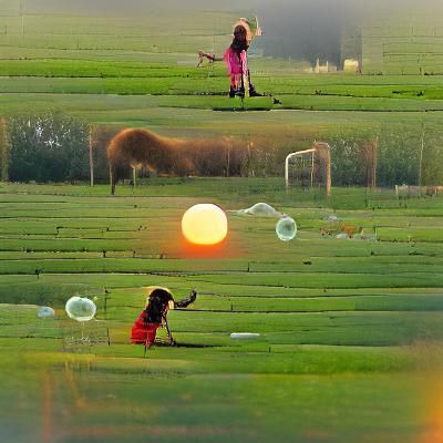 Girl Blowing Bubbles with Dog at Sunset