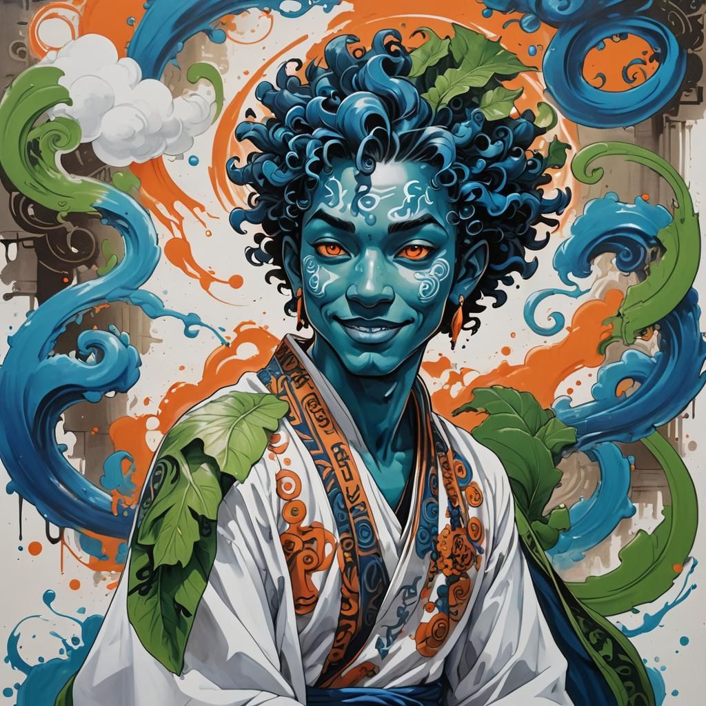 Playful Air Genie Levitating in Temple: Cinematic Still