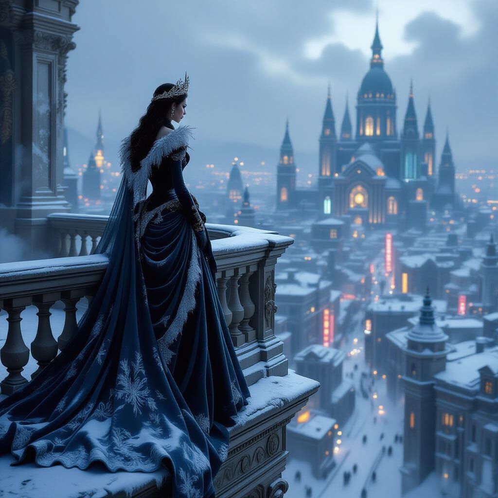 Majestic Empress in Frosty, Decaying Cityscape