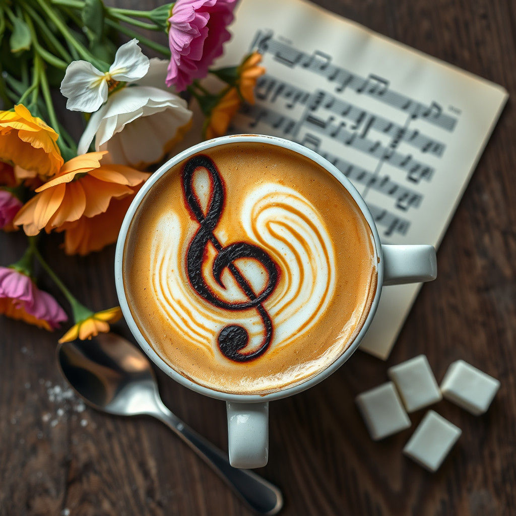 latte art of treble clef, sheet music on rough wooden table, fresh flowers, spoon, sugar cubes,