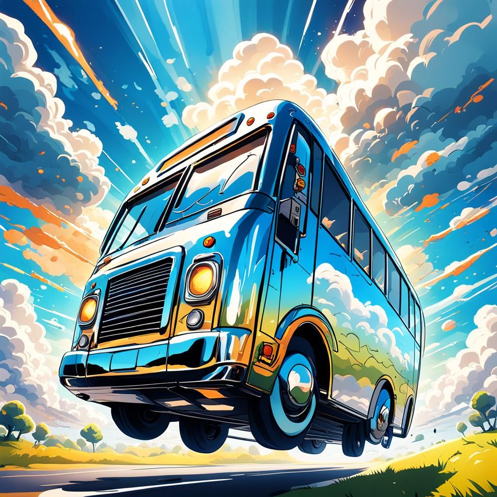 Battle Bus Soaring Through Blue Sky in Digital Art