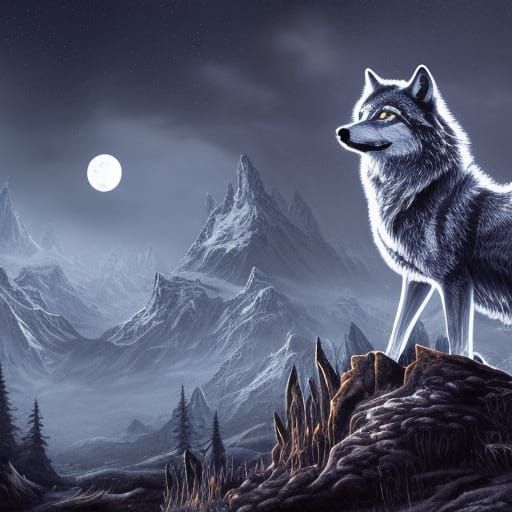 Intricate Wolf in Silver Moonlight: Fantasy Concept Art