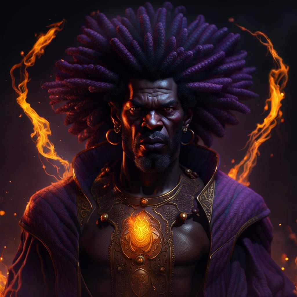 Fearsome Black Sorcerer with Fire, Dark Fantasy Art