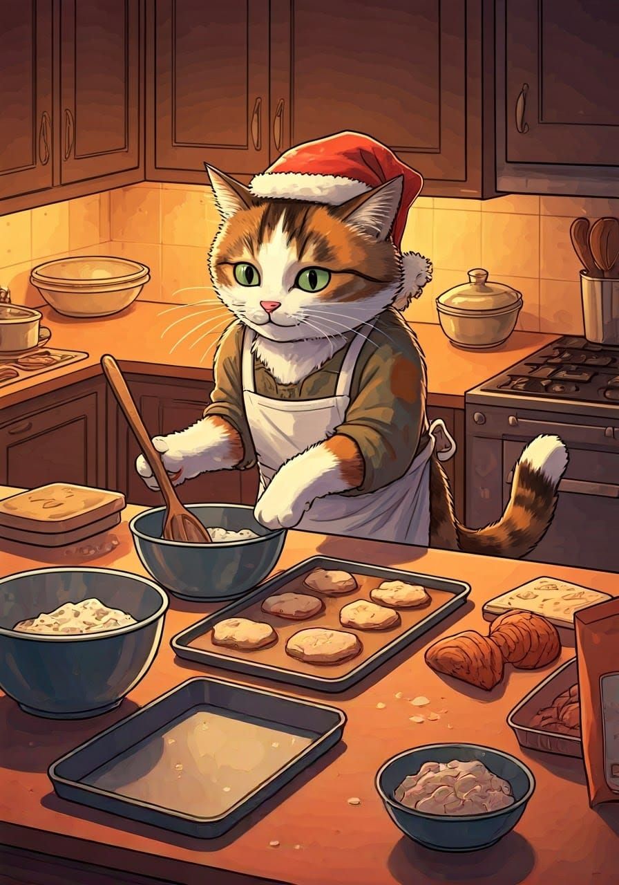 Festive Calico Cat Chef Prepares Holiday Feast