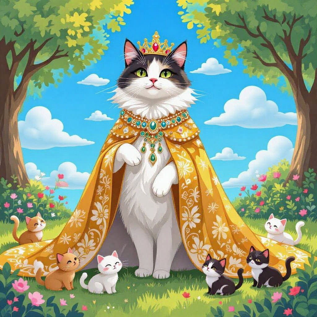 Anthropomorphic Queen Cat with Kittens in Park