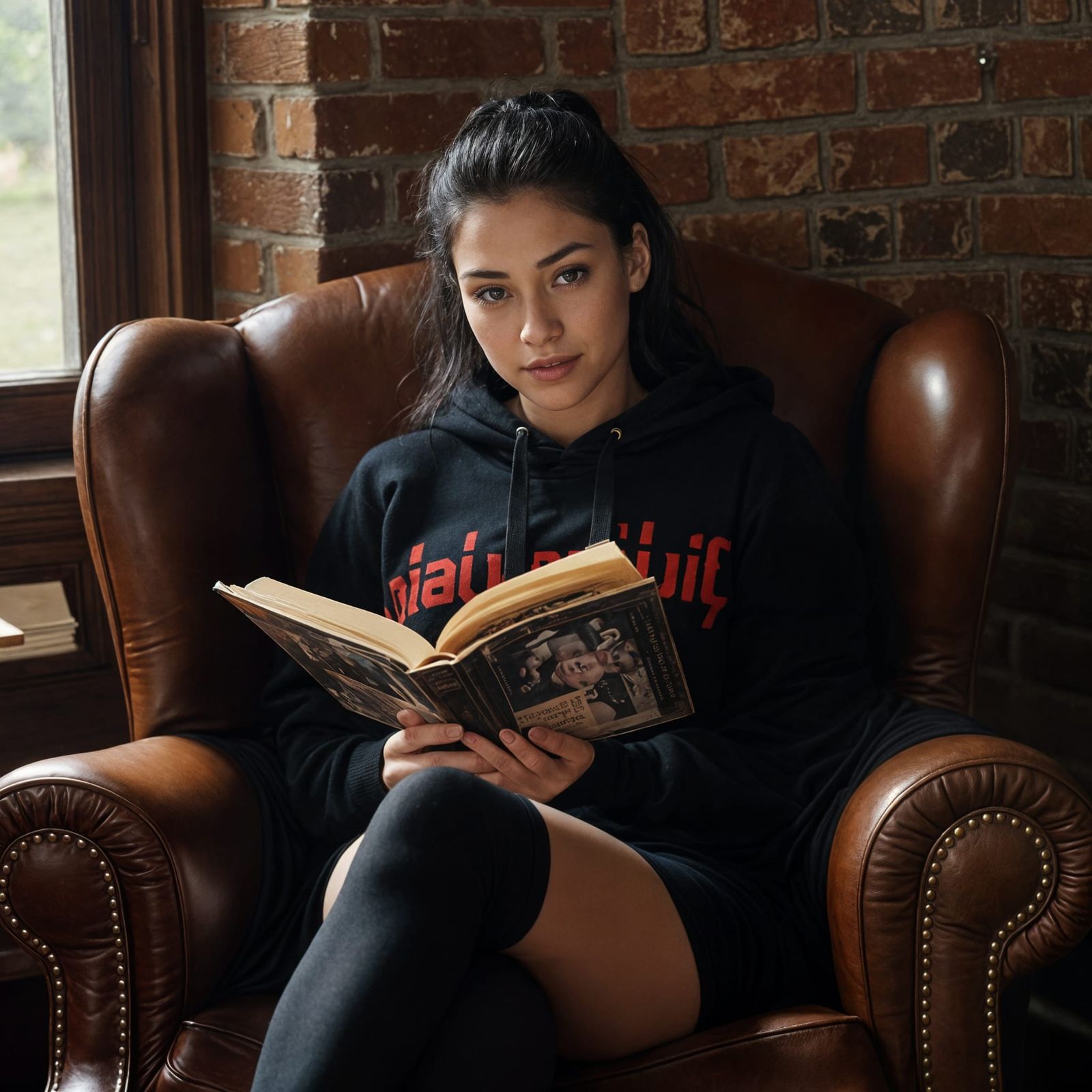 Woman Reads Vintage Photo Album in Cozy Rustic Setting