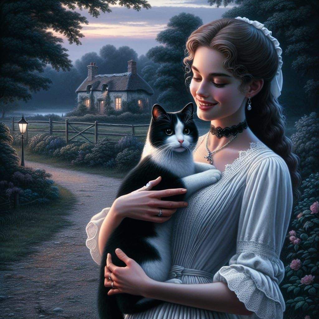 Woman Holds Cat in Twilight Garden Painting