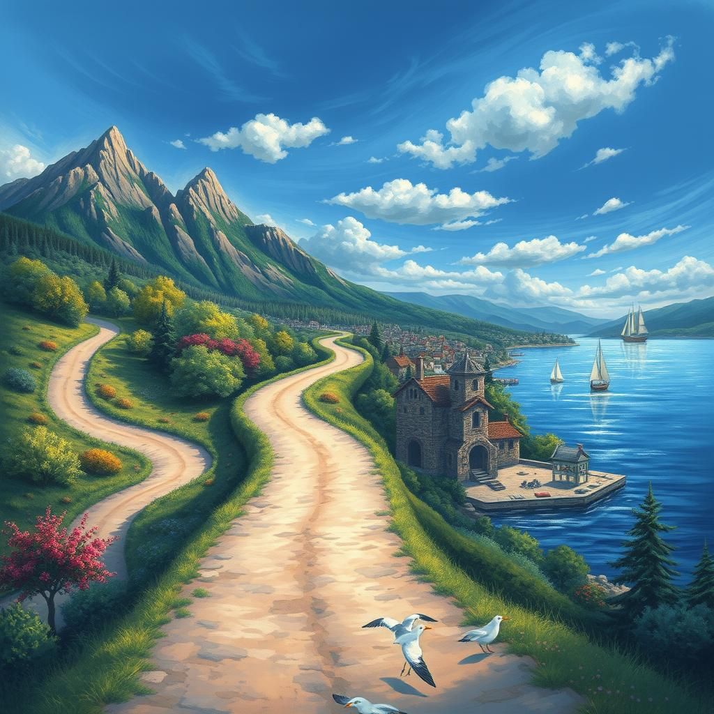 Idyllic Crossroads with Mountain, Forest, Town and Bay