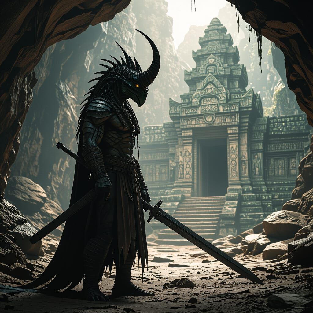 Reptilian Humanoid in Dark Cave, Cinematic Film Still