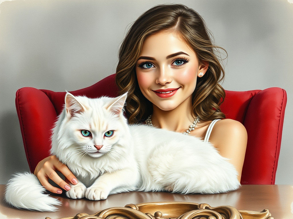 Charming Lady with White Cat: Watercolor Portrait