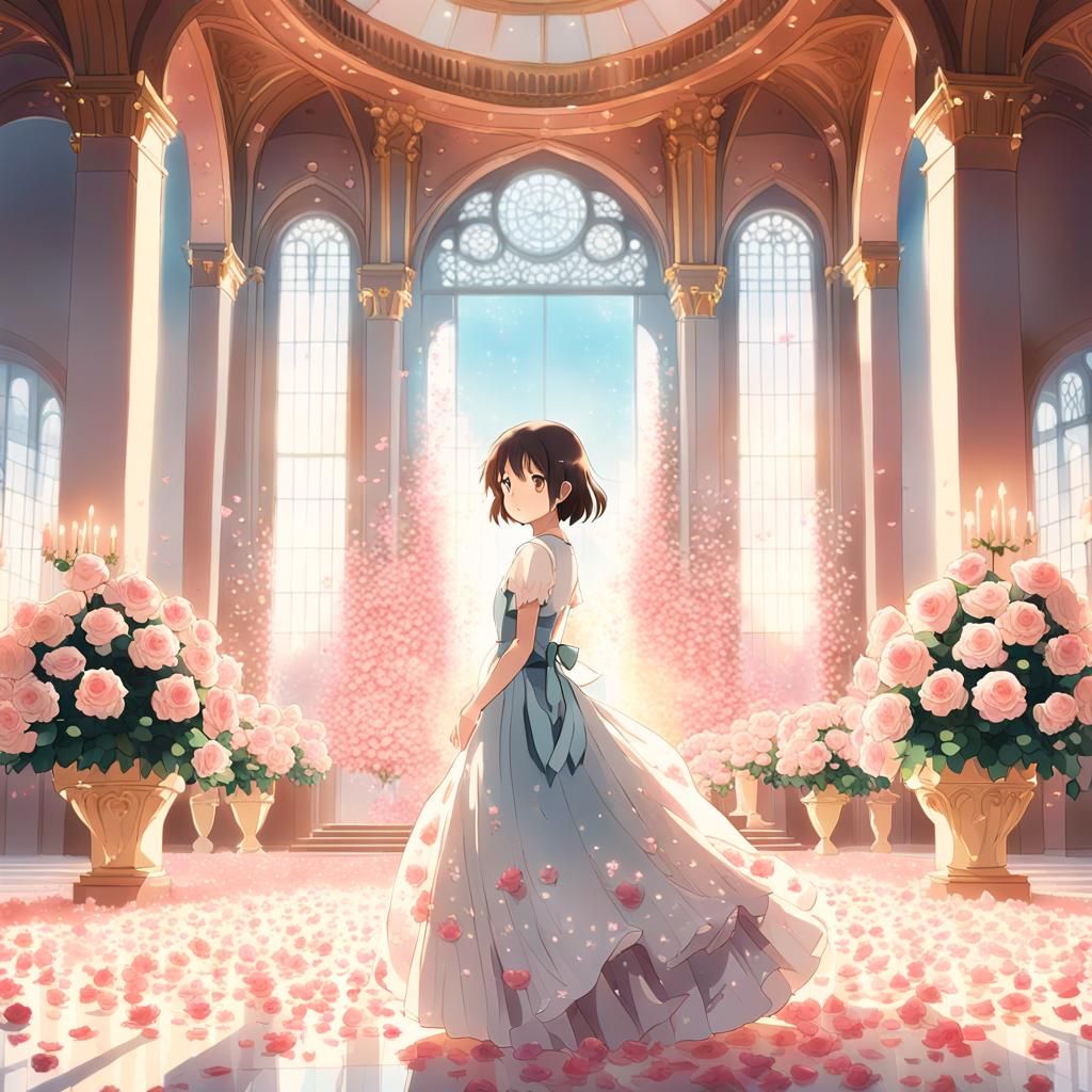 Anime Woman in Ethereal Hall of Roses