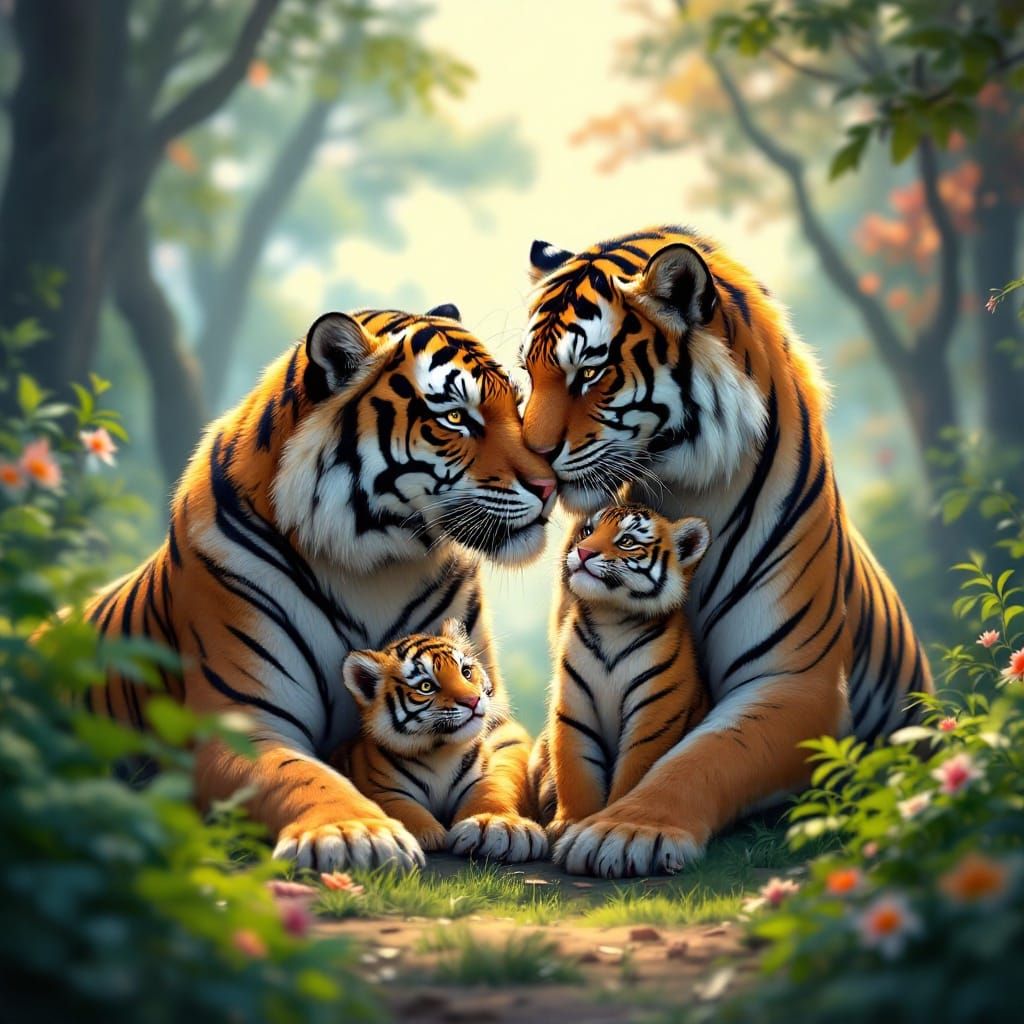 Majestic Tiger Family in Vibrant Forest Landscape