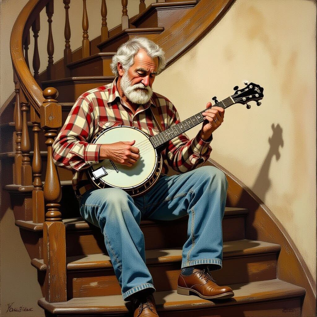 Banjo Player on Spiral Stairs in Folk Art Style